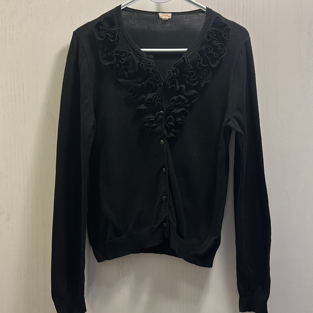 J.Crew Cotton Cardigan with Neckline Ruffles in Size Medium